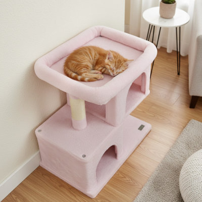 Arbre à chat moderne et peu encombrant avec perchoir rembourré et 2 niches pour chats, rose