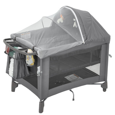 Lit de bébé 5-en-1 pour lit de chevet - Lit de bébé portatif avec installation à une pression, changeur de couches, matelas confortable, barre à jouets rotative et filet à insectes - pour les nouveau-nés, les nourrissons et les tout-petits - gris foncé, version américaine