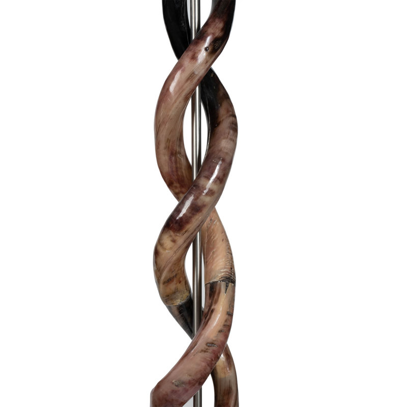 80" Polished Horn Floor Lamp - Embossed Brown Leather Base - White Burlap Shade