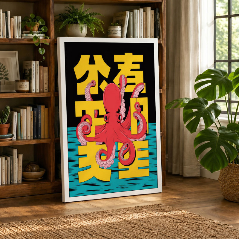 Red Octopus with Characters Modern - Wrapped Canvas, 18x12 - 45.7 x 30.5 cm, Taupe Border