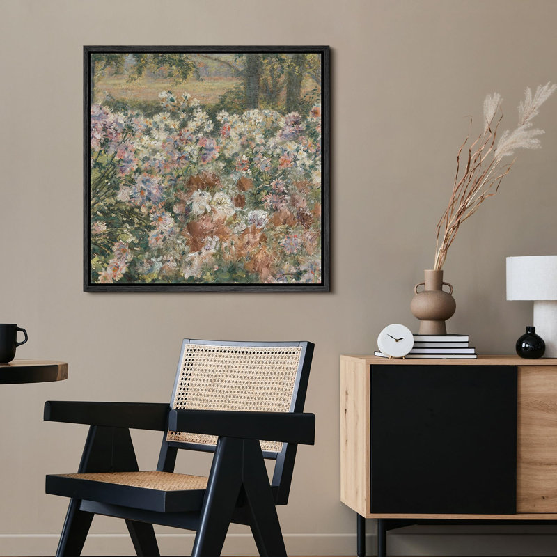 «Vintage Blossoming Garden Impressionist Flower Field Illustration Rustic French Country», H 16 po x l 16 po, Noir