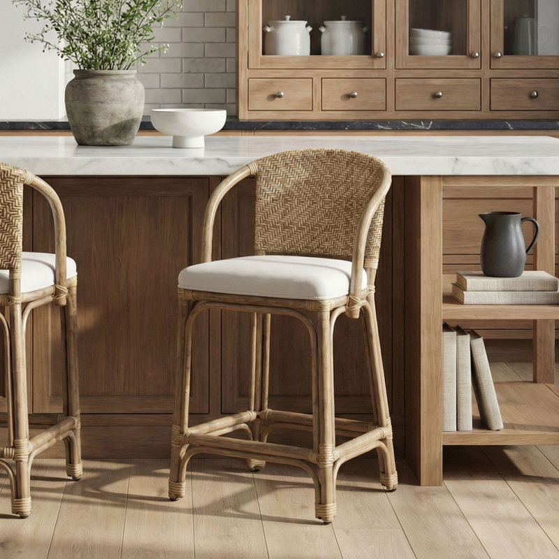 Handwoven Rattan Upholstered Bar & Counter Stool, Natural, Counter Stool (24" Seat Height)