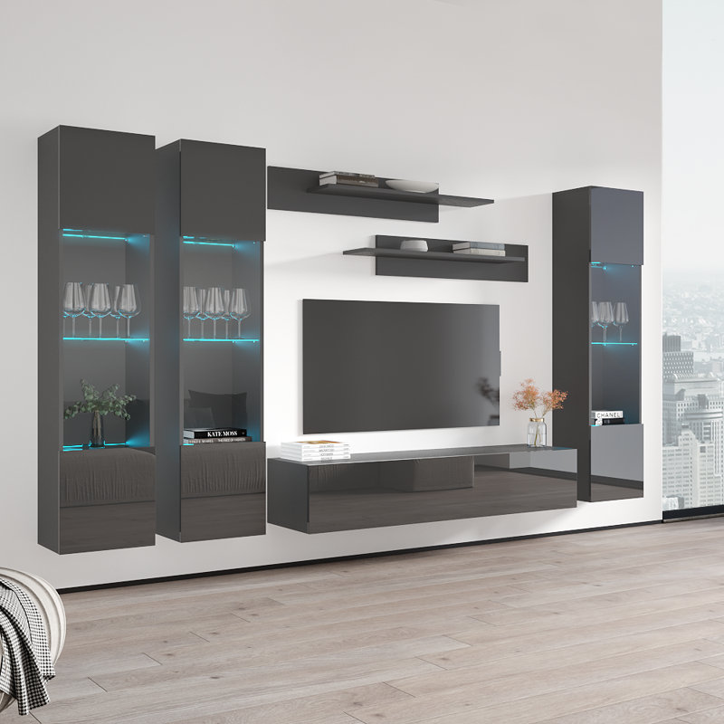 Narberth 120" Modern Floating Wall Mounted Entertainment Center with 16-Color LED Lighting, High Gloss Finish, Gray