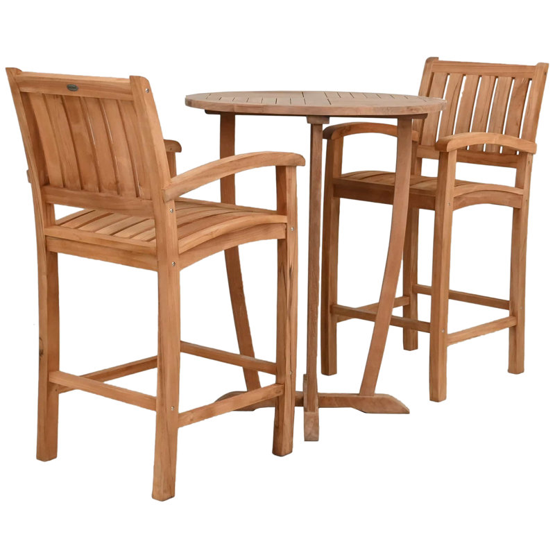Ensemble bistro 3 pièces en bois de teck comprenant une table ronde 35 "Miami et 2 tabourets de bar avec accoudoirs Abacho