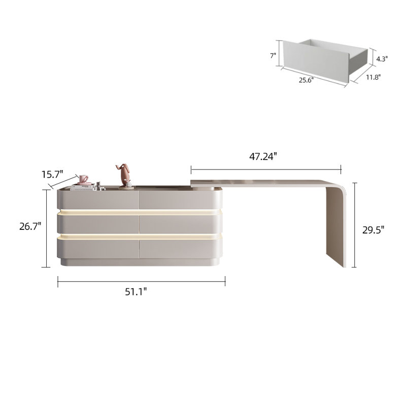 Cyruss Expandable 51.18 '' - 90.55 '' Modern Makeup Vanity with Integrated Lighting, Multiple Storage Spaces (6-Drawers)