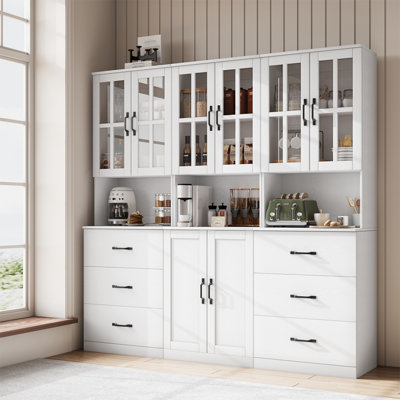 71" H X 71" W Kitchen Pantry With Bookcases, Glass Door Kitchen Hutch With Drawer And Spacious Countertops(BAB)