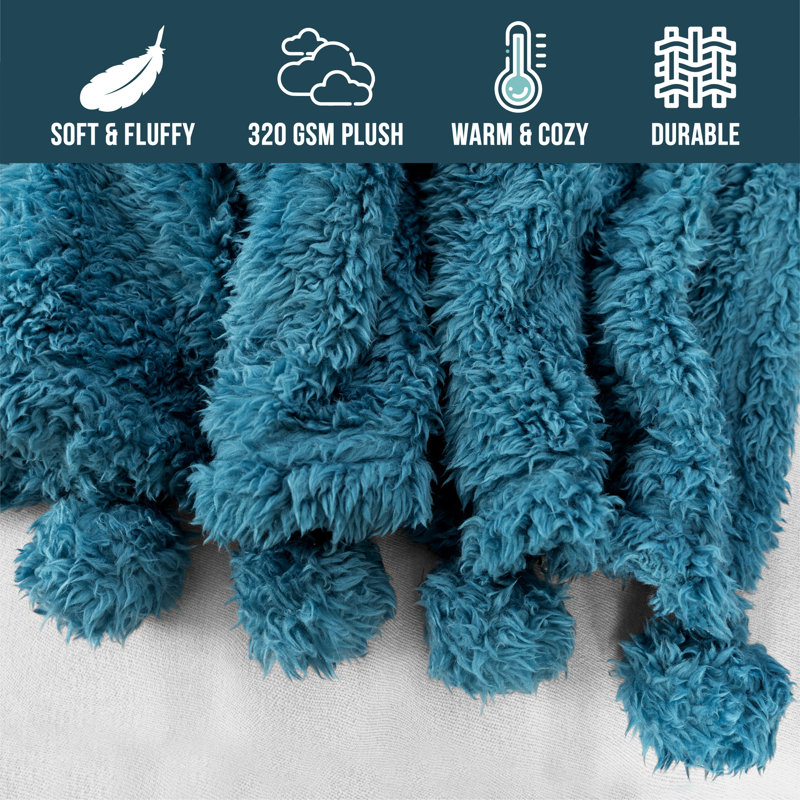 Teal Blue Sherpa Fleece Throw Blanket with Pom Poms