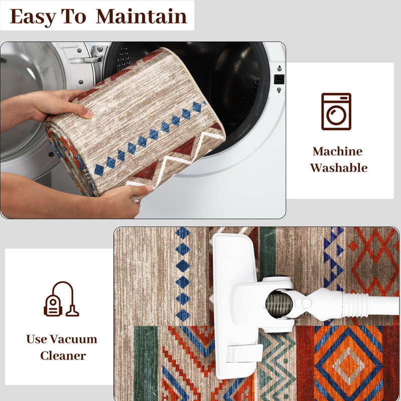 8x10 Washable Area Rug Tribal Geometric Indoor Mat Distressed Vintage Floor Cover, Non Slip Low Pile Soft Rug for Living Room Dining Room,  Foldable Red Patchwork Office Carpet