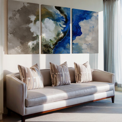 3 Pieces Exculisive Cobalt Blue and Taupe Abstract Large Wall Art Ivory Fluid Ink Swirls Panoramic, Canvas Decor for Living Room, Bedroom and Office