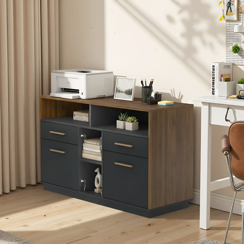 Adonia 41.3"W 4 Drawer Lateral File Storage Cabinet, With Lock, Power Strip, Storage Shelves For Home Office, Walnut/Black