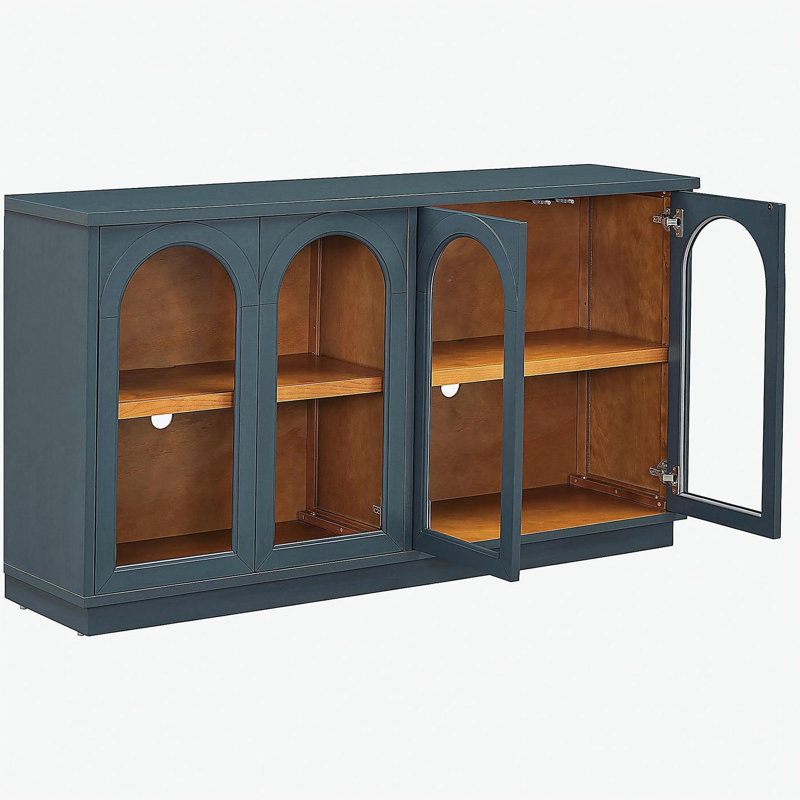 Armoire latérale de rangement à grande capacité à 4 portes avec porte vitrée, armoire arquée, tablettes ajustables, convenant à la cuisine, la salle à manger et le salon (bleu marine)