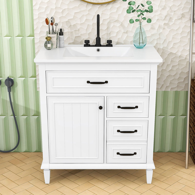 Meuble-lavabo moderne avec charnières à fermeture douce et tablette réglable, Blanc