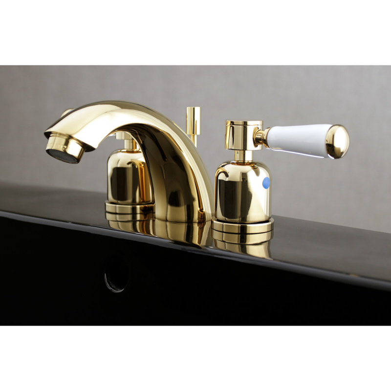 Kingston Brass Paris Two-Handle 3-Hole Deck Mount Mini-Widespread Bathroom Faucet with Plastic Pop-Up, Polished Brass