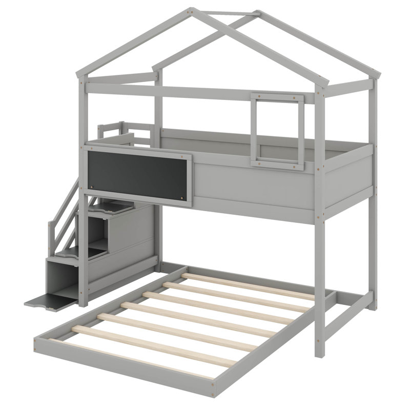 Xanthe Twin Over Full House L-Shaped Bunk Bed with Shelves , Gray