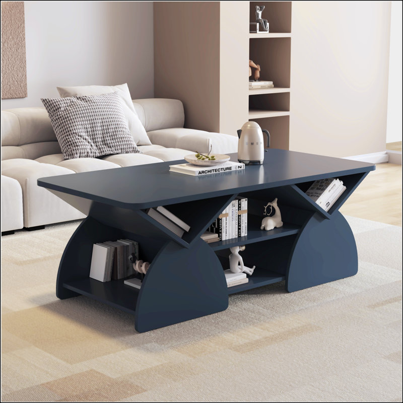 Table basse de coin rectangulaire arrondie en bois d'ingénierie pour le salon, Bleu