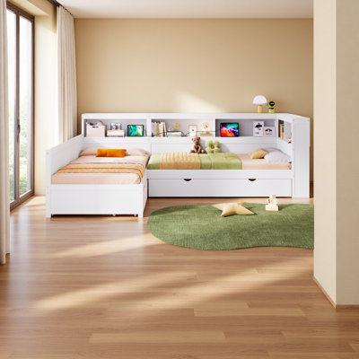 Lit plateforme simple en bois en L avec lit gigogne et tiroir