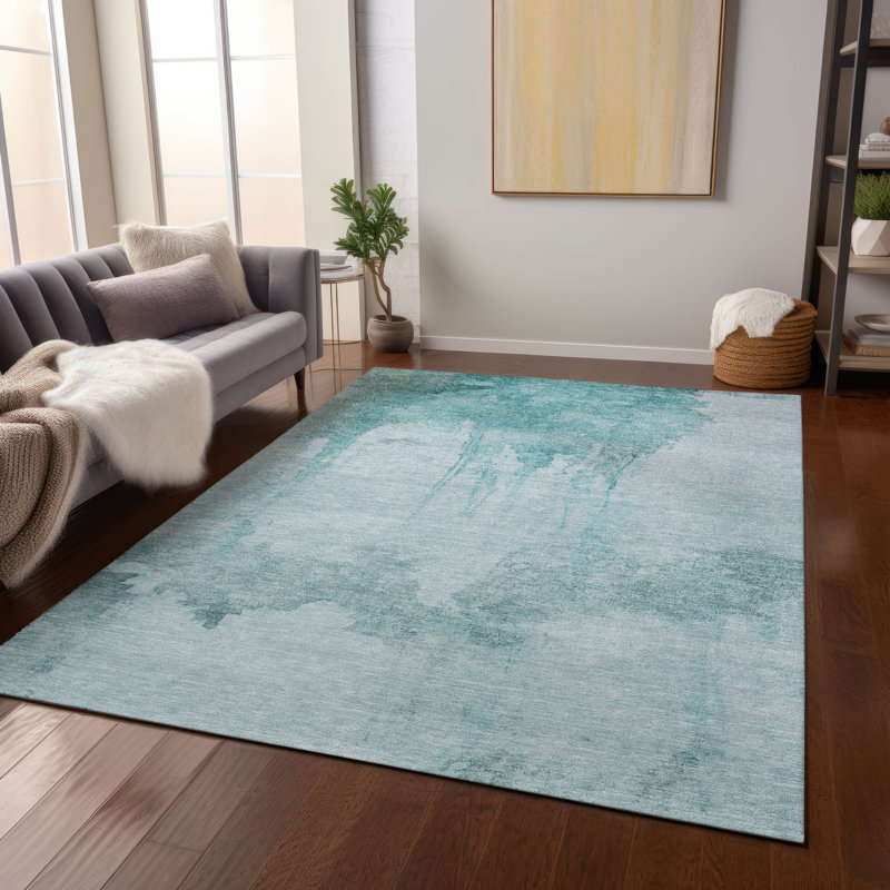 Teal Abstract Washable Indoor/Outdoor Rectangular Rug 3' x 5'