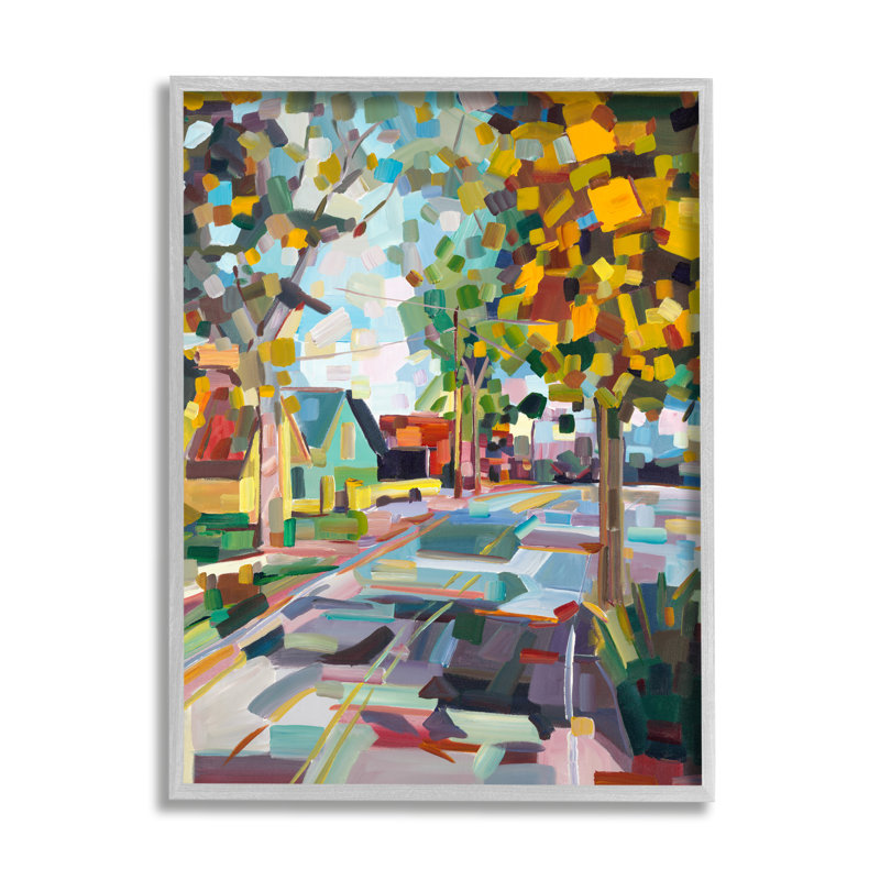 Scène d'automne géométrique de la Nouvelle-Angleterre, L 11 po x H 14 po, Cadre gris