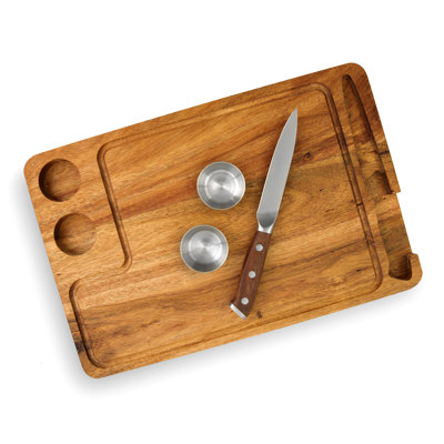 Ensemble de planche à steak Yukon Glory avec couteau à steak et tasses à sauce incrustées, bois d'acacia massif, 4 pièces