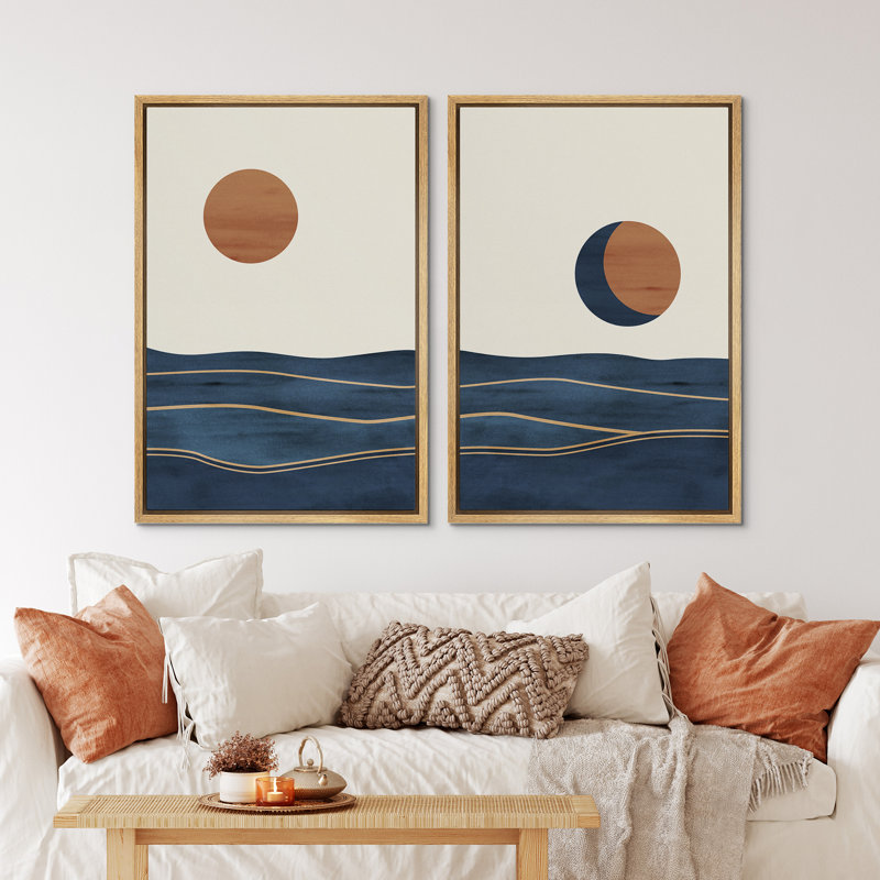Sun And Moon " Abstract Sun Over Blue Watercolor Ocean Waves Modern Minimalist Landscape " 2 - Pieces, 36" H x 24" W