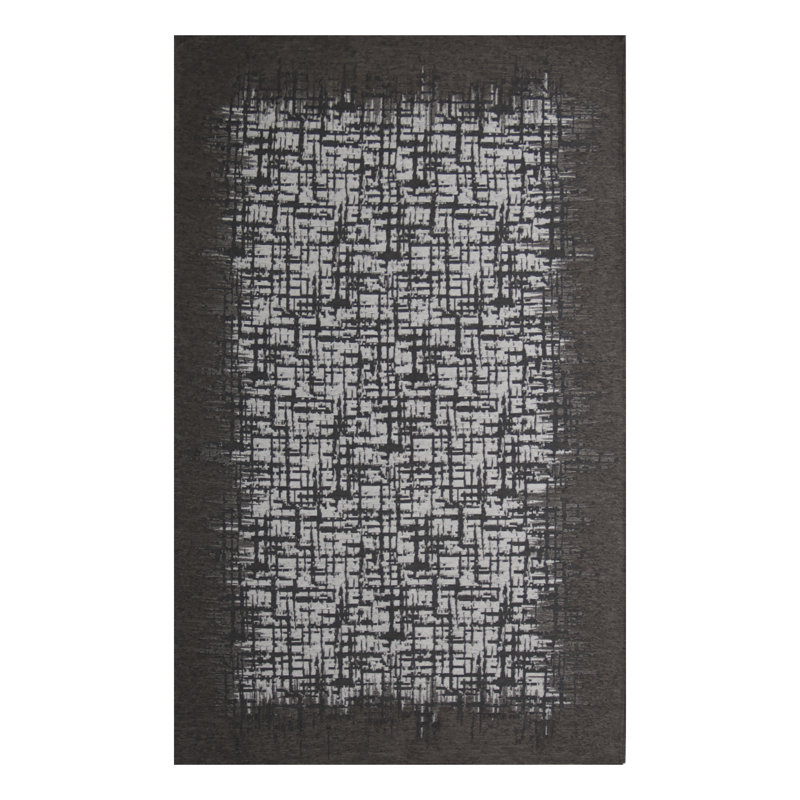 Tapis noir / blanc en chenille / coton / polyester tissé à la machine Shel, Rectangle 6 pi 7 po x 9 pi 6 po
