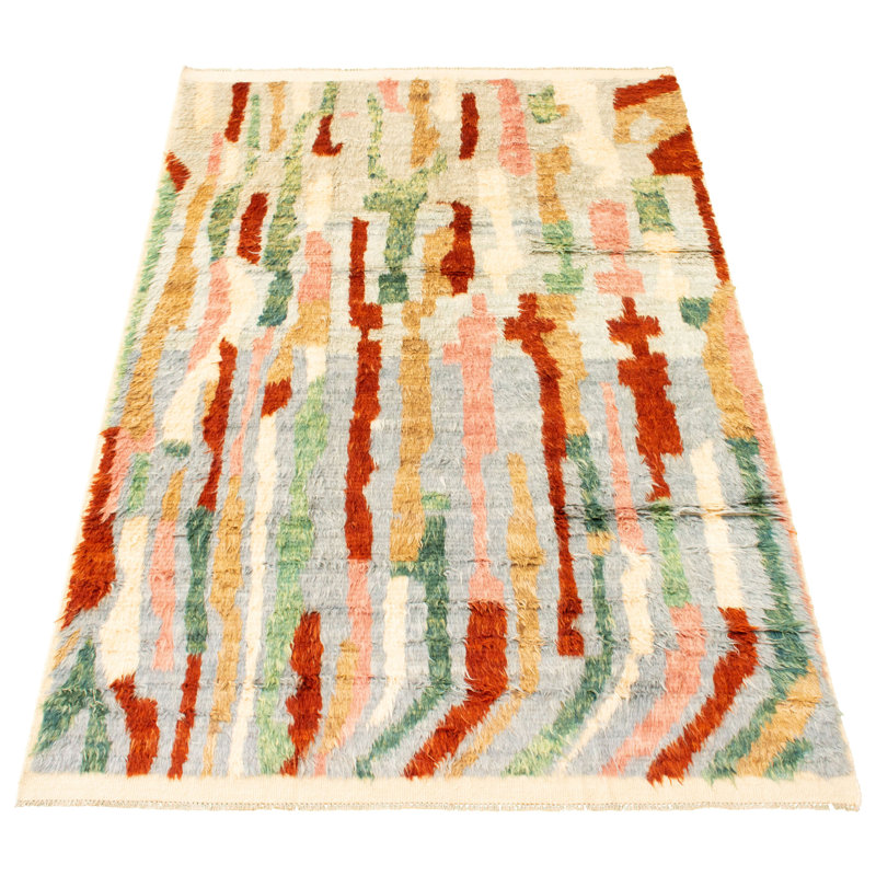 Tapis décoratif en laine noué à la main de conception unique noué à la main New Age de 6 pi 4 po x 9 pi 2 po jaune clair/orange