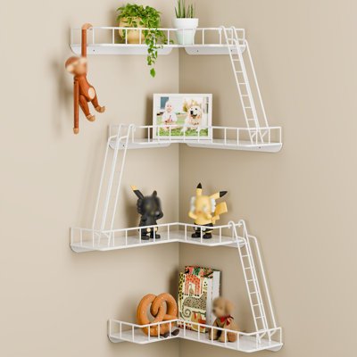 Fire Escape Wall Shelf - Modern City Style 4-Tier Corner Wall Shelves, Easy to Install Metal Ladder Shelf for Figures, New York Decorative Shelves for Bathroom, Living Room & Home Decor,White