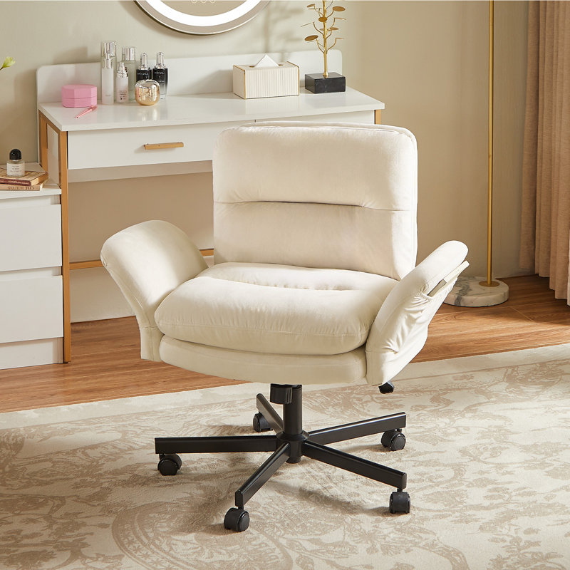 Beige Velvet Cross-Legged Office Chair with Flip-up Armrests, Swivel Criss Cross Executive Desk Chair with 2 Side Pockets, Modern Vanity & Computer Chair with Wheels
