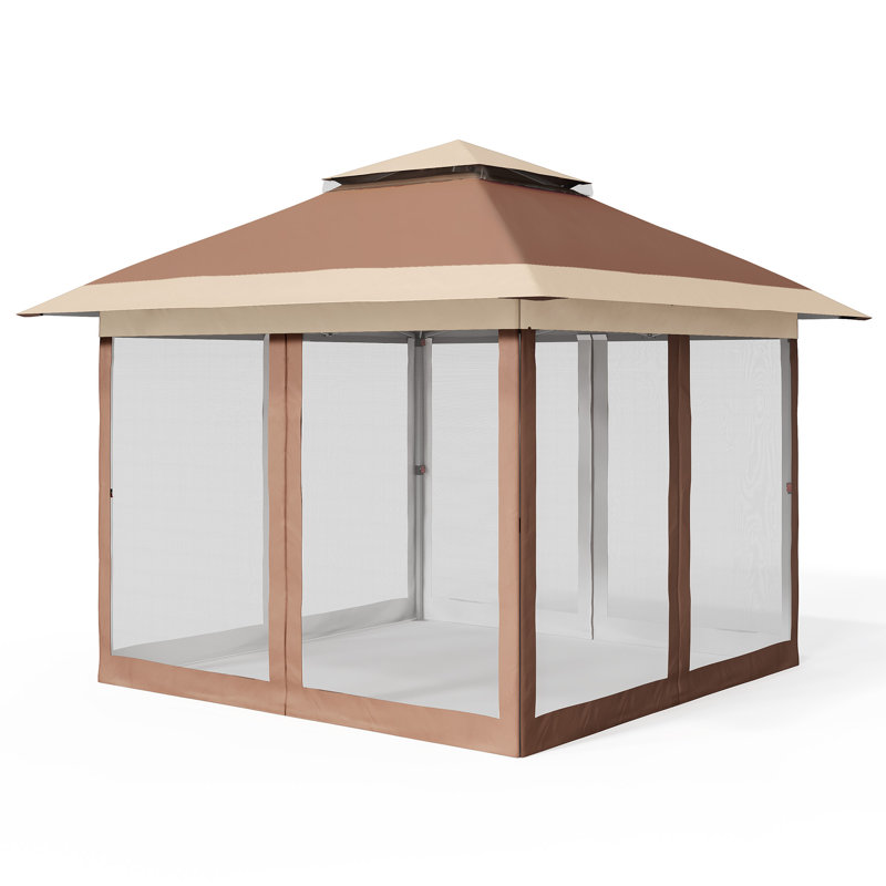 Pavillon de jardin 10 x 10 avec moustiquaire et rideaux - Auvent imperméable avec hauteur et roues réglables, Tanné