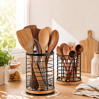 360° Rotating Kitchen Utensil Holder Set of 2, Large, Small Bamboo,Metal Utensil Crock for Countertop, Spatula Spoon Ladle , Cooking Tool with Rotatin
