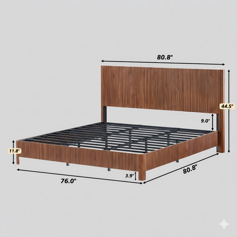 Structure de lit très grand avec une construction en bois avec un design ondulé et une ligne incurvée. Ne nécessite pas de sommier. Finition: Noyer.