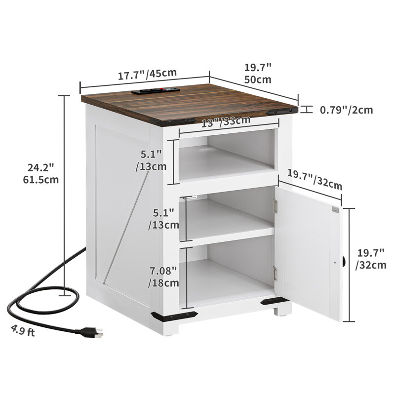 Wade Logan® Farmhouse Nightstand Adjustable Shelf End Table with LED Lights & Charging Station