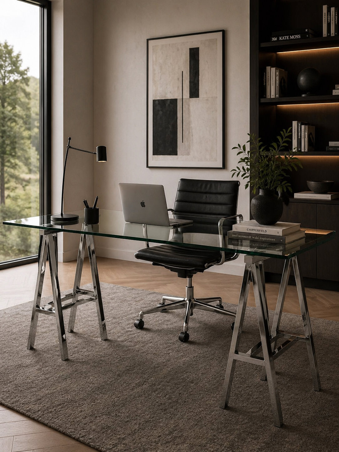 Glass Writing Desk, 30" H x 55" W x 30" D, Silver