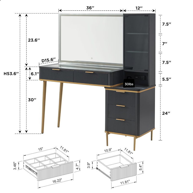 Zadia 48" W Makeup Vanity with 36" H Lighted Mirror, Dark Gray