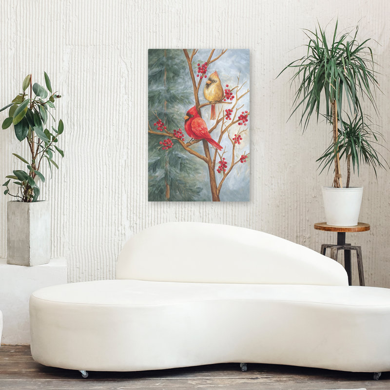 Cardinals In Berry Tree - Contemporary Cardinal Birds Winter Tree Red Berries Art, 36" H x 24" W