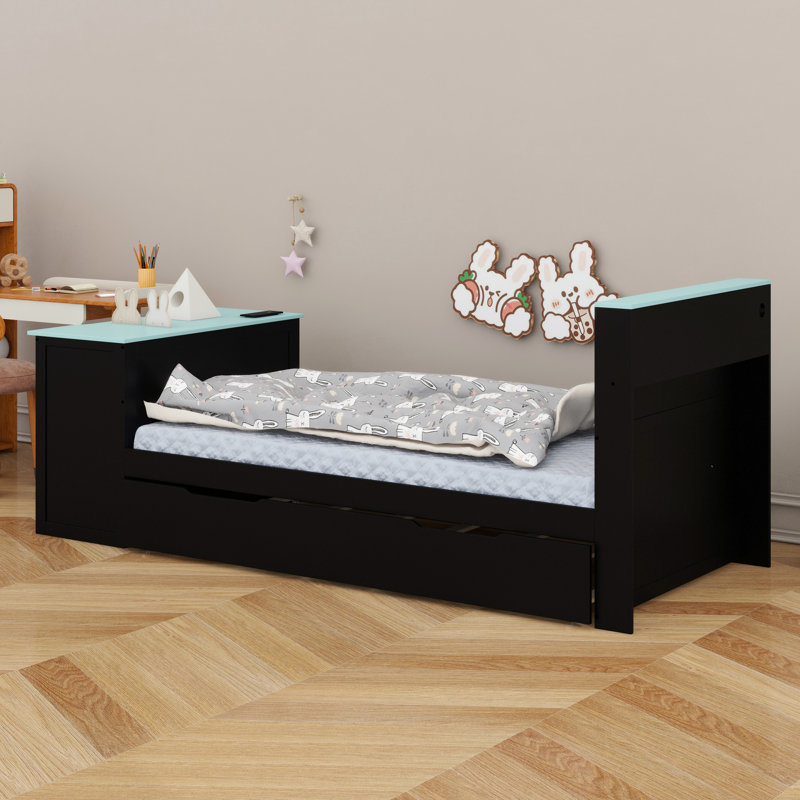 Stylish Wood Daybed with Trundle, Desk, LED Lights and USB Charging System, Black+Blue