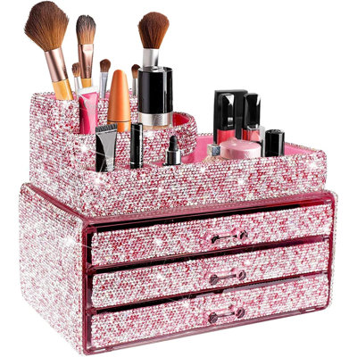 Organisateur de maquillage avec plateaux à bijoux amovibles, boîte de rangement de cosmétiques et porte-pinceau décorée de diamants Bling, ensemble de 2 pièces, fait à la main