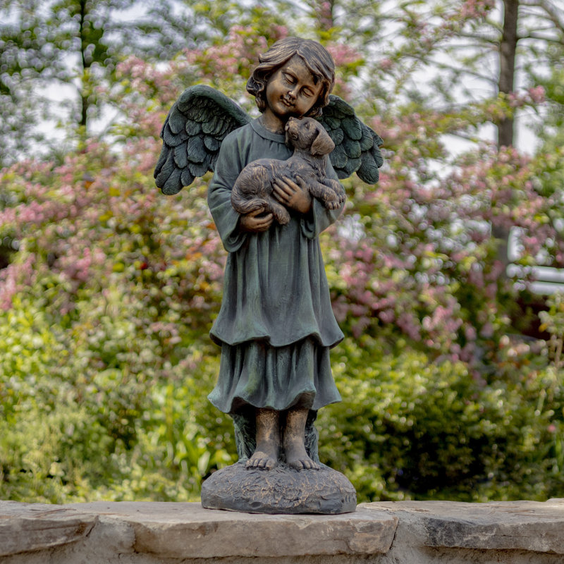 Statue d'enfant enfant ange tenant un chiot Magensium, Bronze / Bleu sarcelle