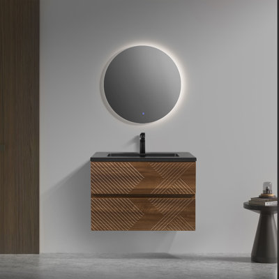 Abrem 30-inch W x 19-inch D 2-Drawer Wall-Mounted Bathroom Vanity with Single Sink and Black Engineered Quartz Countertop