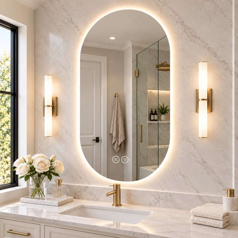Miroir de salle de bain moderne à DEL avec désembueur, éclairage 3 couleurs à intensité variable et verre incassable