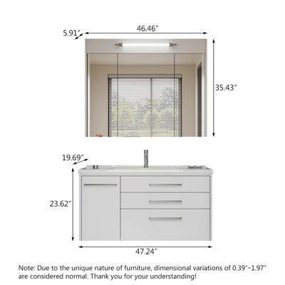 Meuble-lavabo mural moderne et minimaliste en bois d'hévéa massif avec plateau basculant, lavabo en céramique intégré et armoire à miroir intelligente