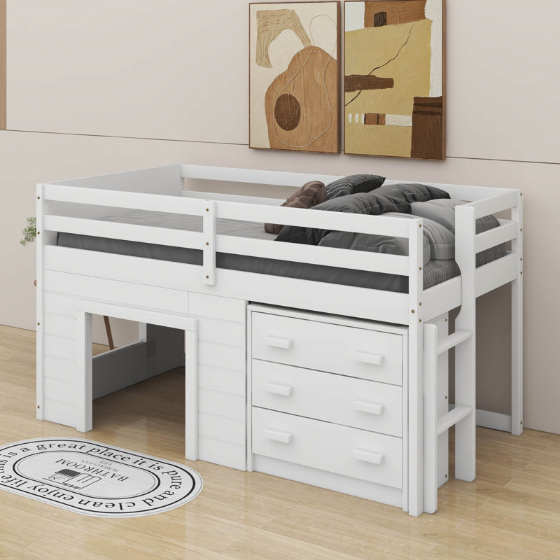 Twin Size Loft Bed With Cabinet And Shelf, White