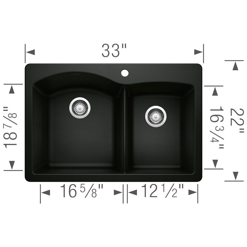 Diamond SILGRANIT 33" L x 22" W Double Bowl Drop-in/Undermount Kitchen Sink, Coal Black