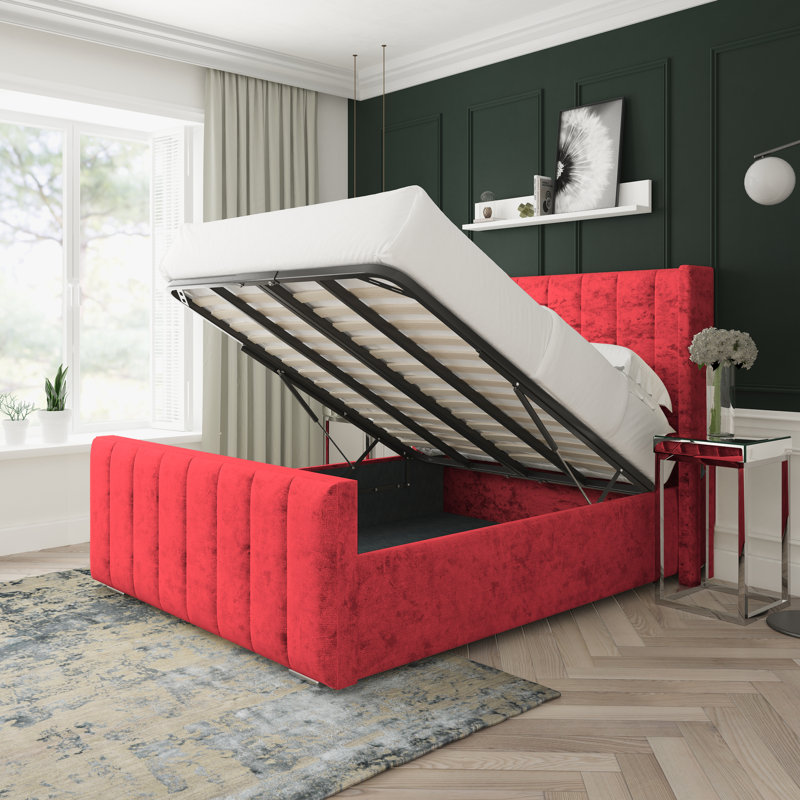 Willow Crushed Velvet Upholstered Ottoman Bed Frame, Kingsize (5'), Red