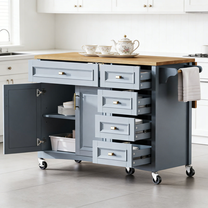 Îlot de cuisine mobile de 52 pouces avec abattant, tablette réglable et grand espace de rangement pour les cuisines modernes.
