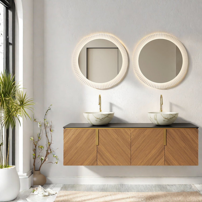 Meuble-lavabo moderne avec rangement, lavabos en céramique et comptoir en pierre