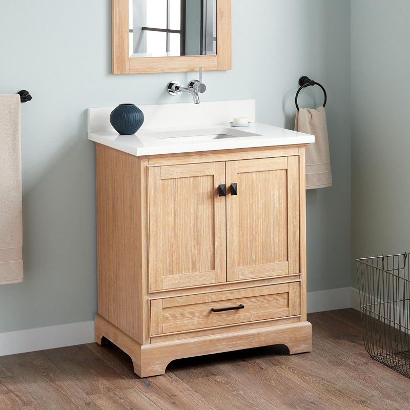 Quen 30" Freestanding Single Basin Vanity Set with Cabinet, Vanity Top, Driftwood Brown, Arctic White Quartz, No Faucet Hole