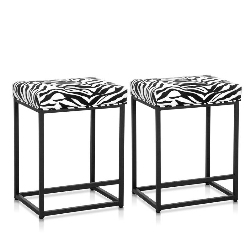 Industrial Counter Stools Set - Rust Steel Frame with Foam Cushions & Anti-Slip Pads, Black/White Animal Print, 2