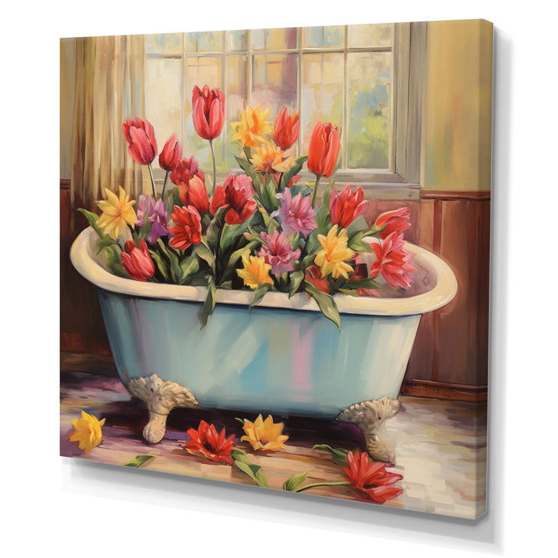 Baignoire avec floraison de tulipes rouges et jaunes sur toile, H 16 po x l 16 po, Toile tendue