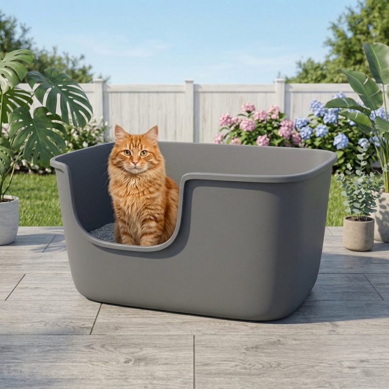 Grand bac à litière pour chat d'intérieur, à haut rebord et à entrée basse, grand bac 22,2 po x 14,9 po x 12 po à paroi profonde avec dossier haut, gris TG